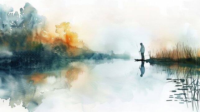 Charming watercolor painting of a Christian fisherman at peace reflecting by a calm lake