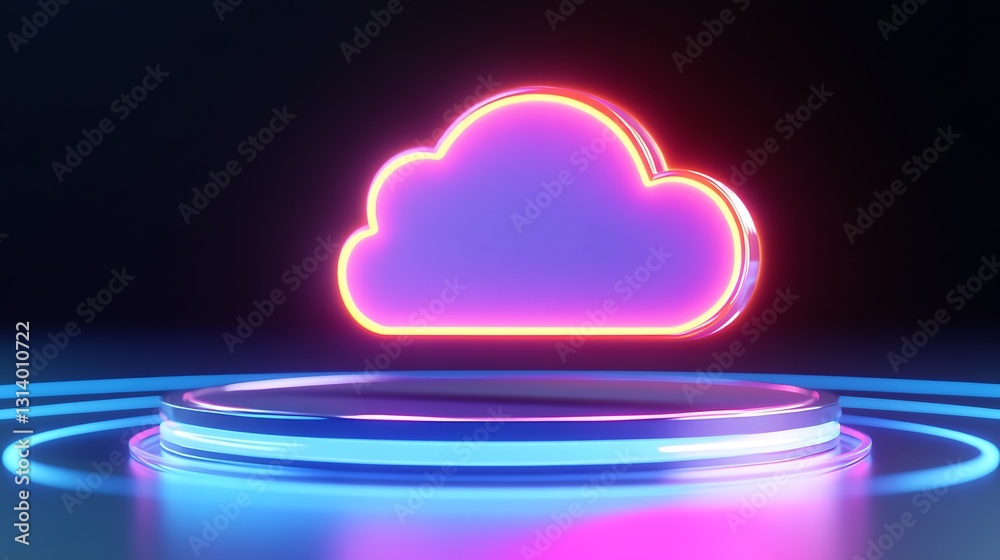 Wall mural abstract neon cloud icon illuminated in a dark background with a futuristic circular platform