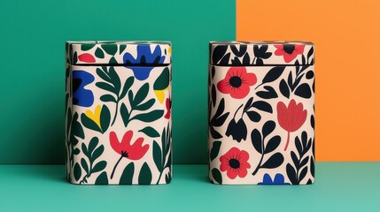Colorful Floral Patterned Storage Containers on Vibrant Background
