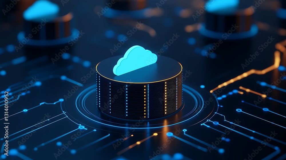 Poster abstract representation of cloud computing technology with digital elements and glowing lines on a d