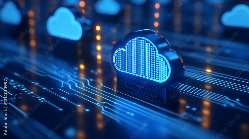Poster abstract representation of cloud computing technology with glowing blue clouds and circuit lines in 