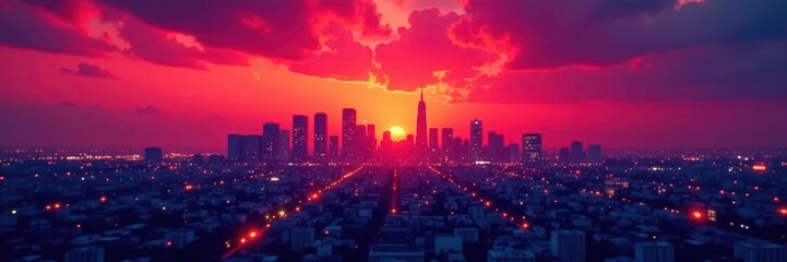 Dark silhouettes of buildings against vibrant cityscape , urban, city, contrast