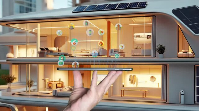 Smart Eco rooftop passive AI solar Save the planet earth in Net zero ESG SDGs plant go green world global low CO2 emission. Future growth Panels cells roof grid sun light electric power supply panel.