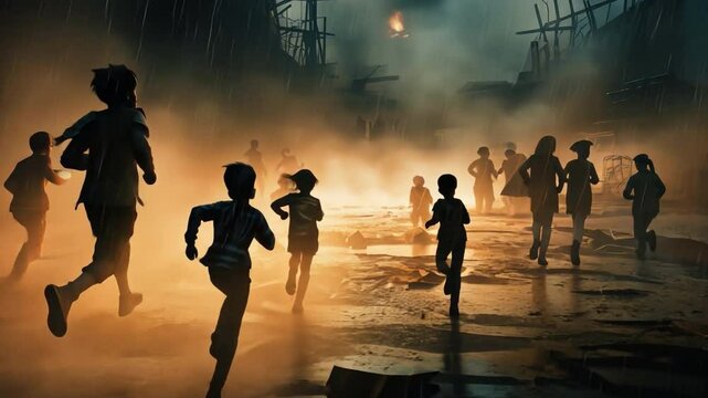 Evacuees in the Ruins: A haunting image of children fleeing a disaster zone. The air is thick with smoke and the ruins are a grim backdrop.