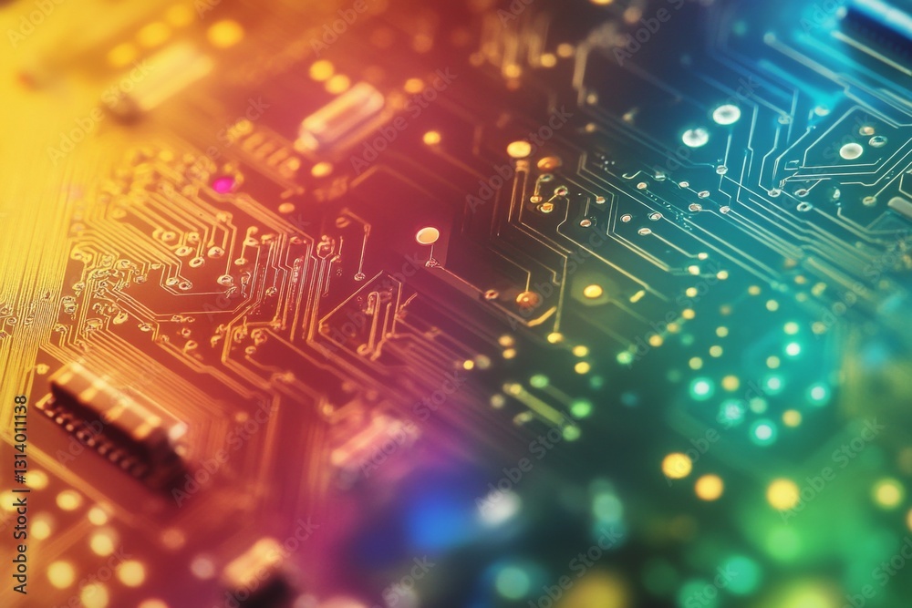 Poster colorful abstract circuit board with interconnected lines and patterns in modern technology