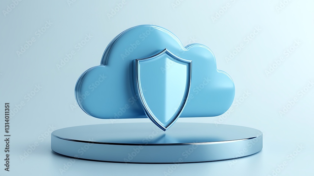 Poster abstract representation of cloud technology with shield symbolizing data protection and security in 