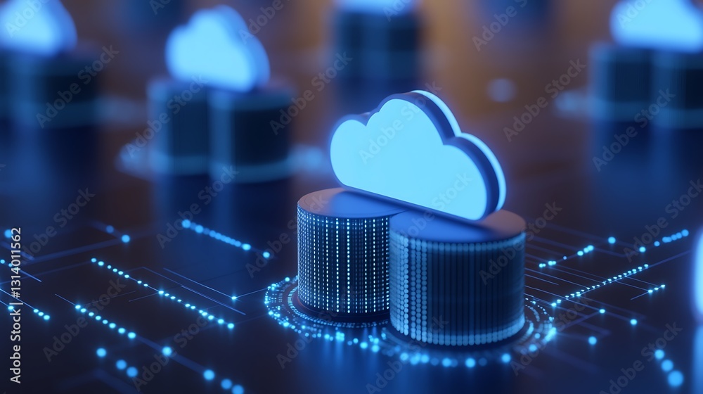 Poster abstract visualization of cloud computing technology and data storage with glowing cloud icons
