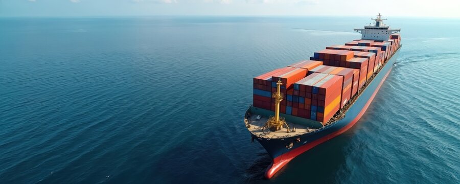 Aerial view of container ship carrying colorful container boxes for global business cargo freight shipping commercial trade, logistic transportation oversea worldwide, blue ocean container vessel.