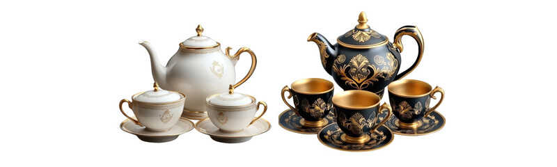 elegant gold and porcelain tea set, isolated on white background