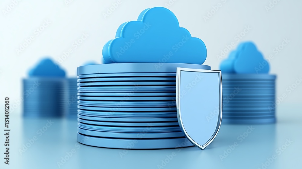 Poster blue cloud computing concept with shield symbolizing data security and protection in modern technolo