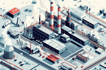 A detailed view of an industrial complex featuring smokestacks, machinery, and infrastructure. This image highlights the various components of production in an urban setting.