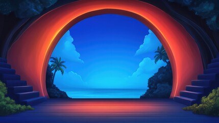 Gateway View Seascape beyond arched entrance, steps down, ocean, tropical plants, blue sky and clouds