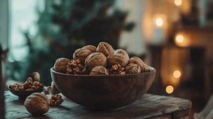 Walnuts in wooden bowl on rustic table, cozy Christmas setting.