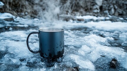 Steam Rising from Black Mug on Icy Surface in Outdoor Setting