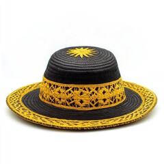 Black straw hat with yellow accents