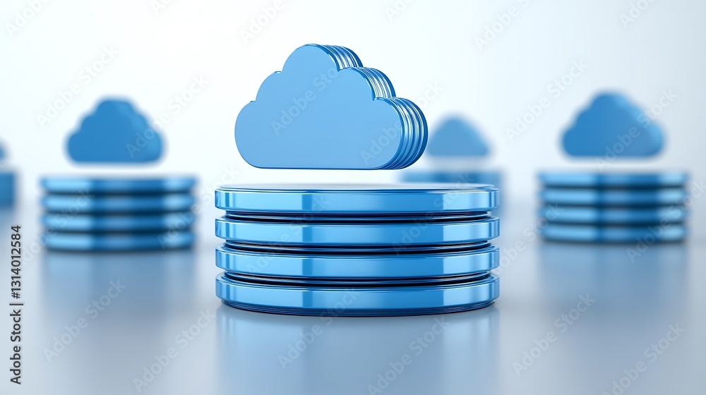 Poster blue cloud icon above stacked discs representing data storage and cloud computing technology