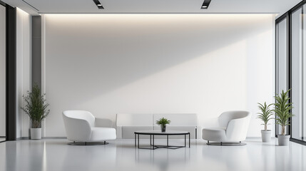 Sleek Minimalist Office Entrance with White Wall Accents, Contemporary Furnishings, and Tranquil Ambient Illumination