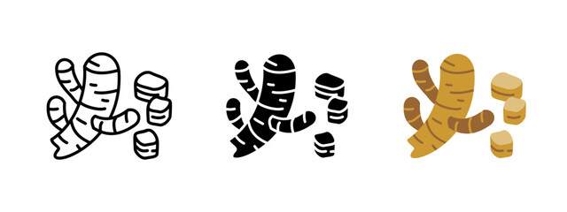 Ginger icon. Spicy and aromatic root used in cooking, tea and herbal medicine. Fresh and dried ginger vector pictogram. Natural ingredient for seasoning, drinks and health remedies.