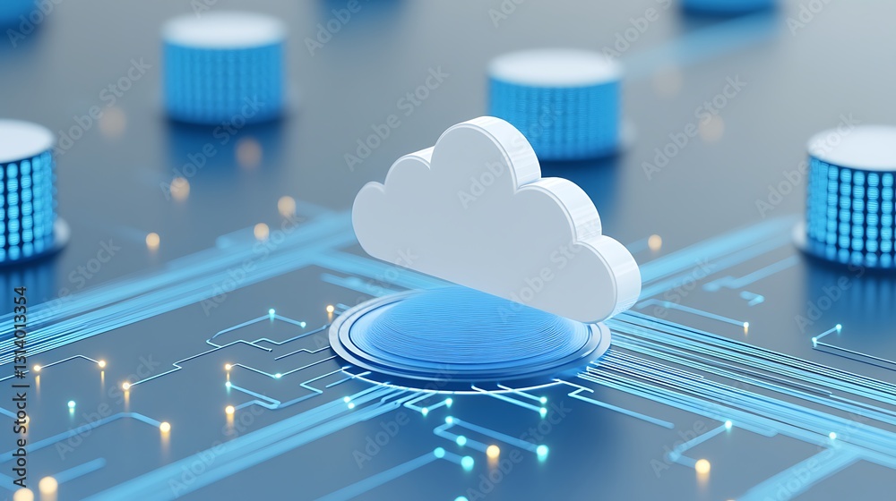 Poster blue cloud icon on abstract circuit board design with digital connections and data storage elements
