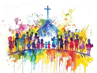 Vibrant watercolor depiction of a community Christian concert with choir and band