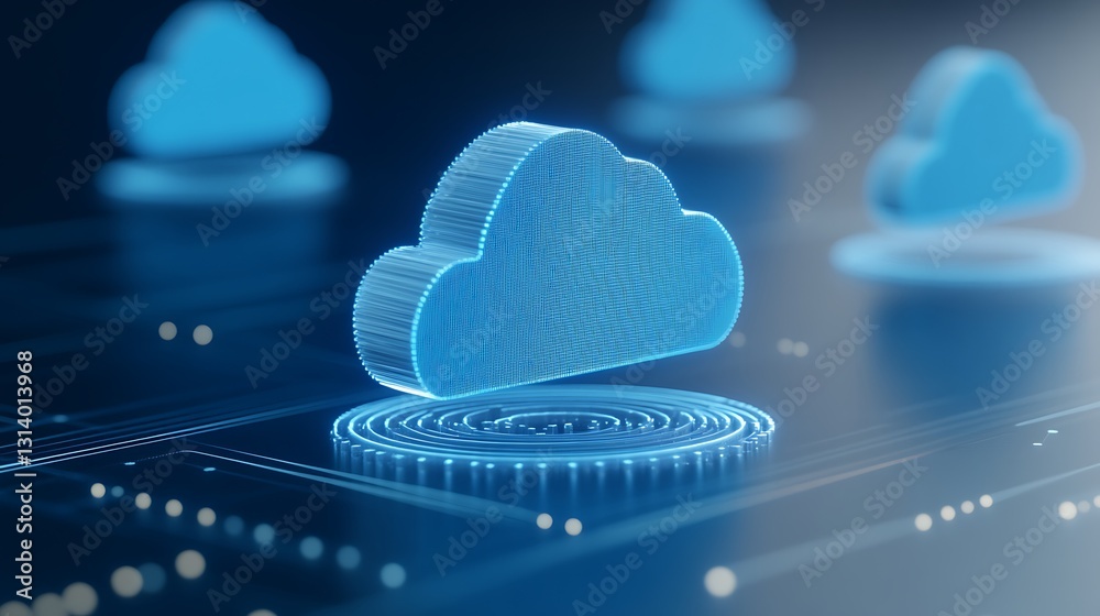Poster blue cloud icon on digital network background representing data storage and cloud computing technolo
