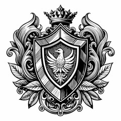 Heraldic phoenix shield with crown, intricate baroque ornamentation, black and white  illustration