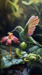 Fototapeta premium A miniature hummingbird with iridescent feathers drinking from a microscopic flower, ultra-realistic