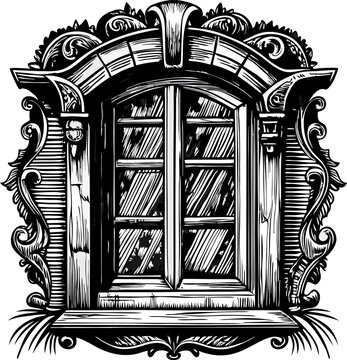 recommend clip art: Ornate vintage window frame with intricate wood carvings, detailed classic architectural engraving illustration