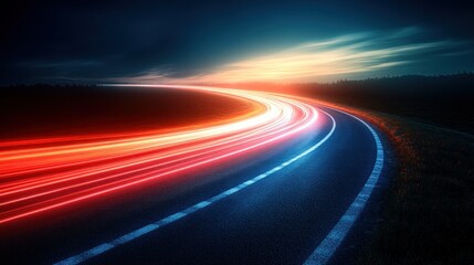Night road curves with light trails