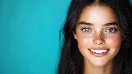 Radiant Beauty: A Stunning Portrait of a Young Woman with Freckles and a Bright Smile Against a Teal Background