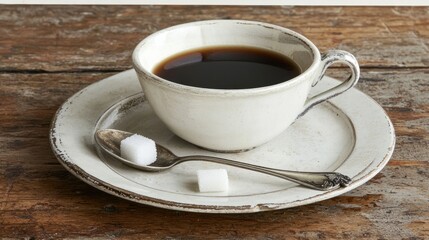 Cup of black coffee with sugar cubes on rustic wooden table.