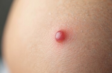 Close-up of molluscum contagiosum nodule on child abdomen skin. Viral infection spot caused by Molluscipoxvirus. Common skin disease, infectious condition, contagious disease on skin.