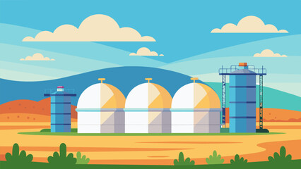 Fototapeta premium Rising from the flat plains these storage tanks stand out with their immense size and function serving as reliable storage for the clean and efficient. Vector illustration