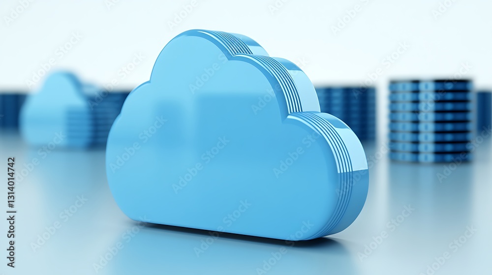 Poster blue cloud icon representing cloud computing and data storage on minimalistic background