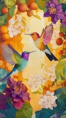 two singing birds in flight, set against a backdrop of lush Date-plum, Caucasian Persimmon, and Lilac Persimmon flowers that burst with color
