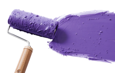close up, Paint roller with purple paint isolated on transparent background