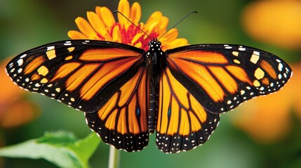 Naklejka premium Monarch butterfly perched on a vibrant orange flower.