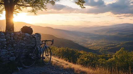 Fototapeta premium Sunset view from mountaintop with gravel bike and bag resting on stone wall.