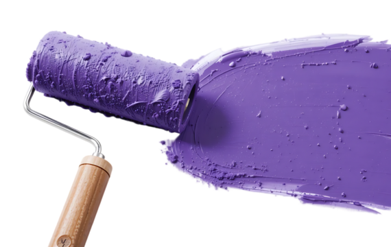 close up, Paint roller with purple paint isolated on transparent background