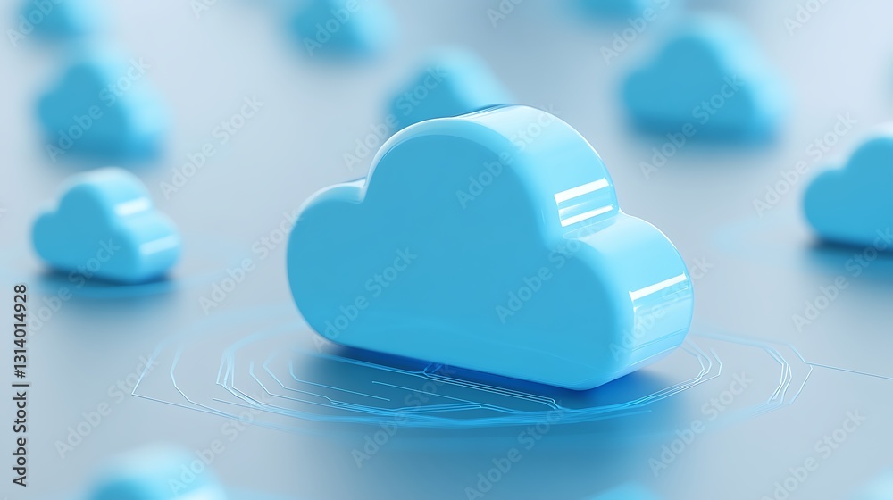 Poster blue cloud icon surrounded by smaller clouds representing cloud computing and technology concepts