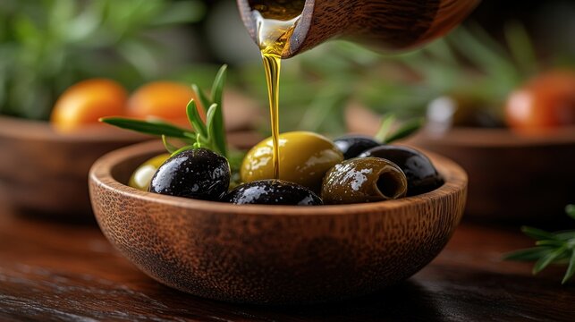 Olive oil being poured over olives in a wooden bowl