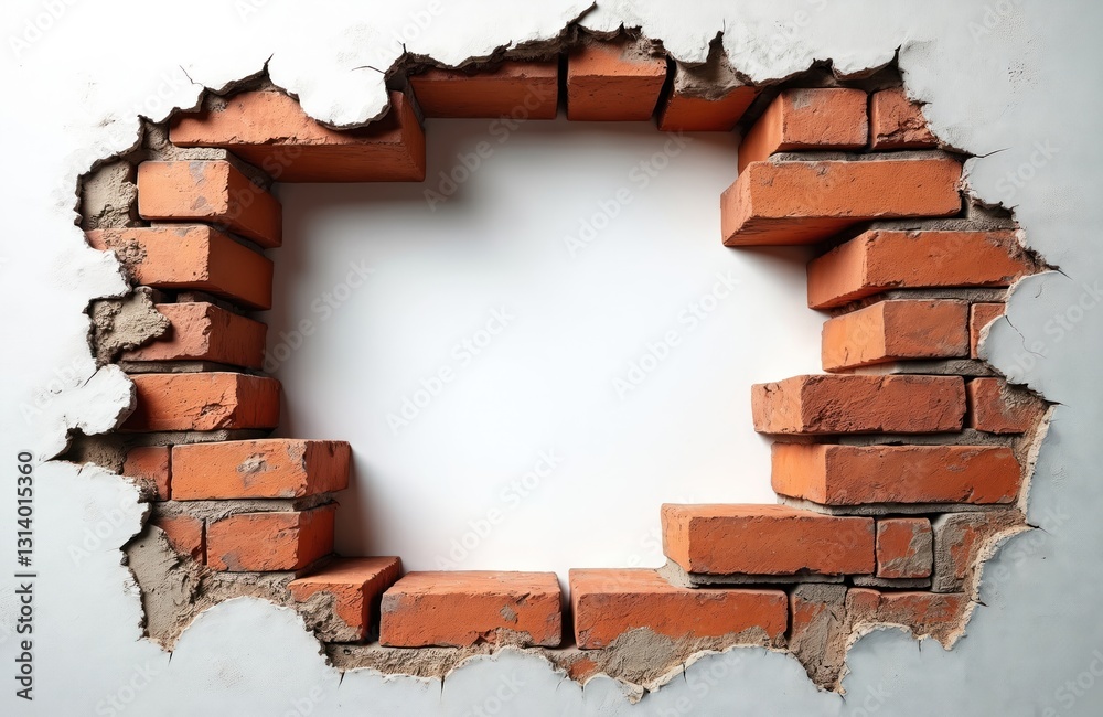 Poster hole in brick wall on white background. fractured wall, gap with empty space. construction repair co