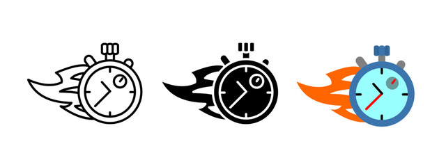 Flaming stopwatch icon. Timer with flames symbolizing speed and urgency. Fast countdown and express delivery vector illustration. Racing, quick action and time management concept. Deadline pictogram.