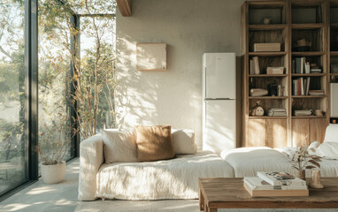 Sunlit Minimalist Living Room with Cream Couch and Wooden Shelving