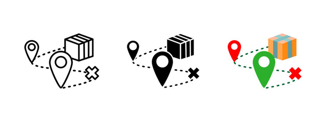 Delivery supply chain icon. A package with location pins and a dotted route representing logistics and transportation. Order tracking, warehouse management, and distribution vector illustration.