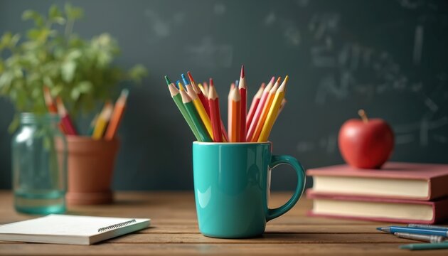 Stack of books with apple, color pencils in cup on wooden desk. Blackboard with math formulas. Back to school concept. Education banner, teacher day greeting card. Plant, notebook, pen completing