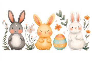 Three easter bunnies posing with decorated egg and flowers