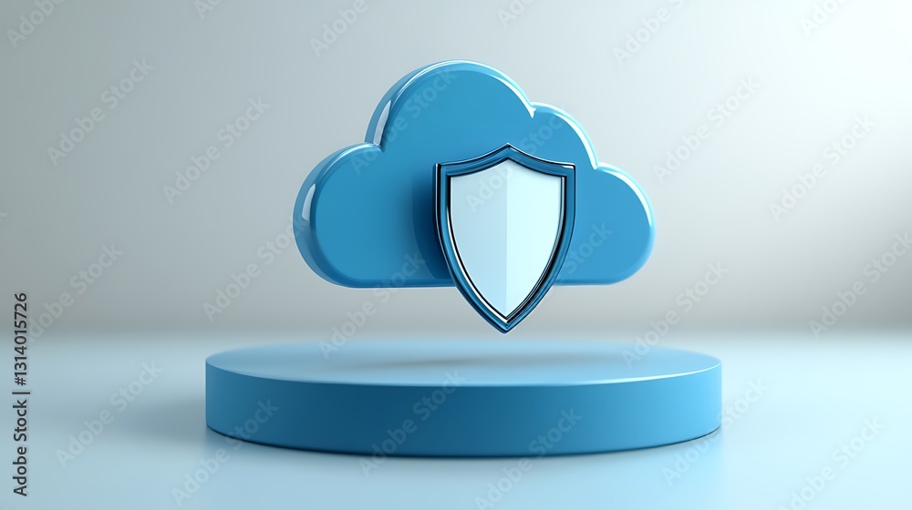 Poster blue cloud icon with shield symbol representing digital security and data protection concepts in mod