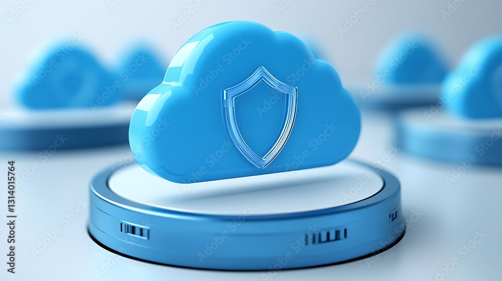 Poster blue cloud icon with shield symbol representing data security and cloud computing technology concept