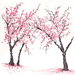 Fototapeta premium Two trees with pink blossoms are painted in a watercolor style. The trees are positioned next to each other